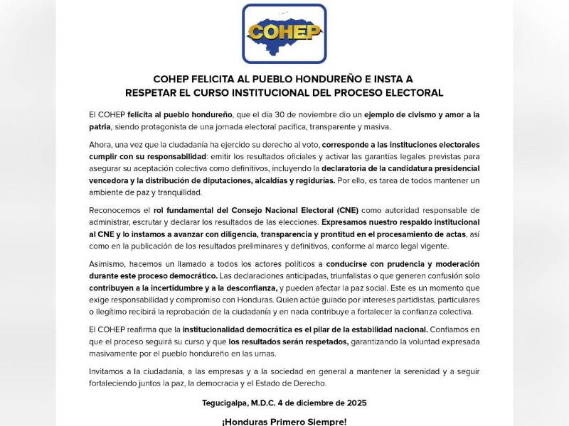 Comunicado emitido por el Cohep con respecto al proceso electoral.