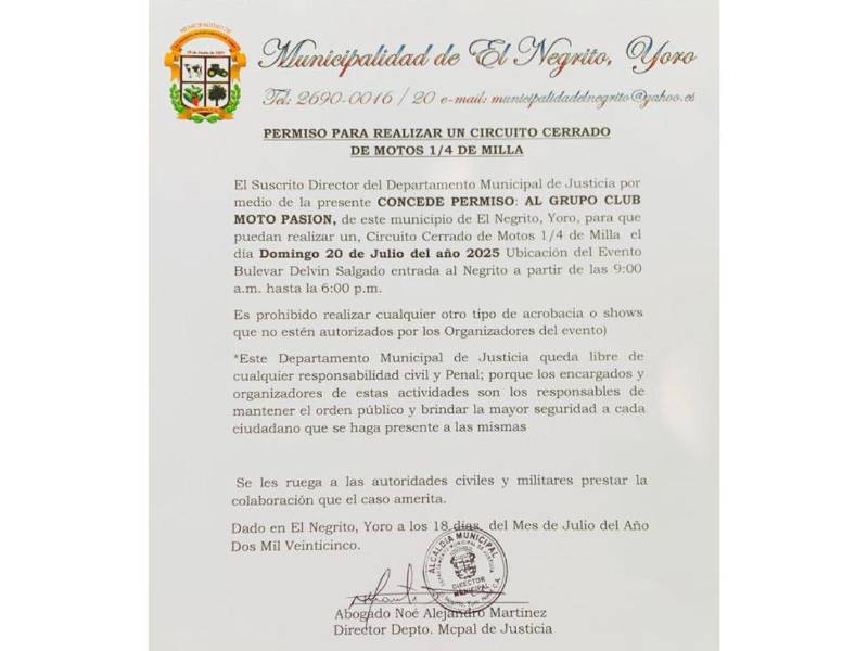 Permiso concedido por la Alcaldía de El Negrito, Yoro.