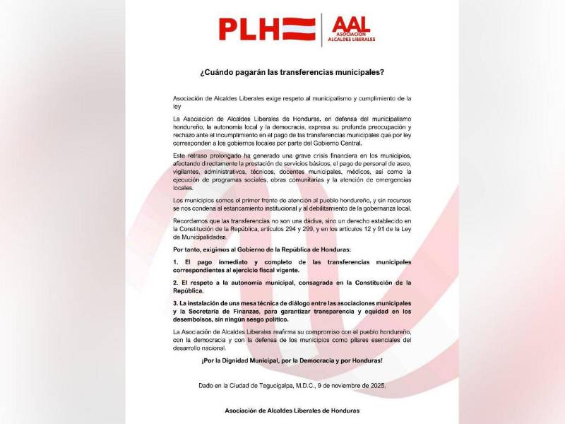 Comunicado emitido por la Asociación de Alcaldes Liberales de Honduras (AAL).
