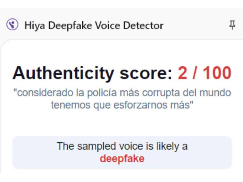 Captura de pantalla a los resultados de Hiya Deepfake Voice Dectector sobre el análisis del audio en el video.
