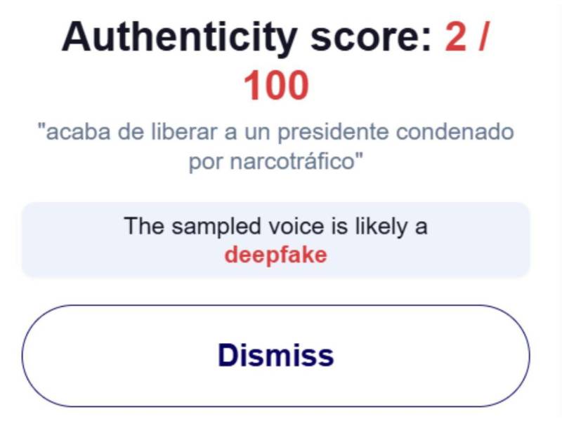 Captura de pantalla a los resultados de Hiya Deepfake Voice Dectector sobre el análisis del video.