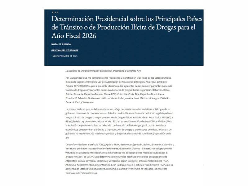 Declaraciones oficiales del gobierno de Estados Unidos.