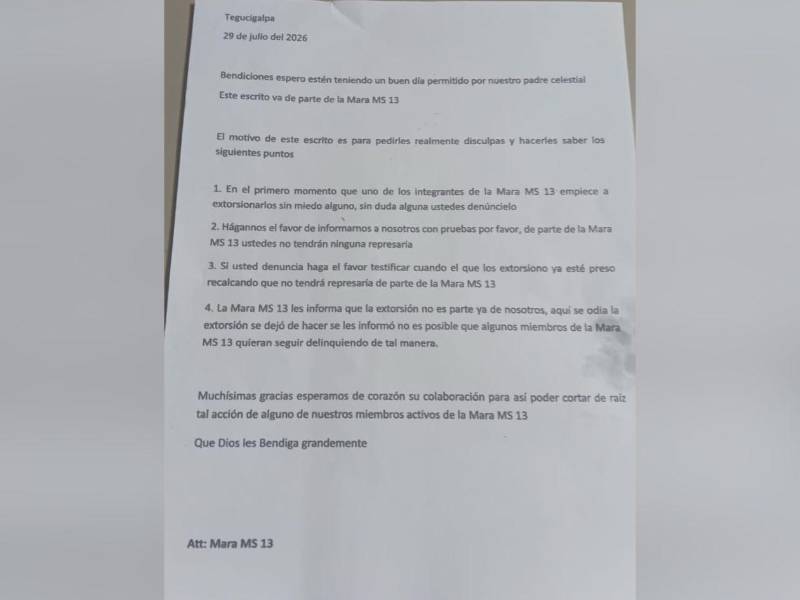 La supuesta carta atribuida a la MS-13.