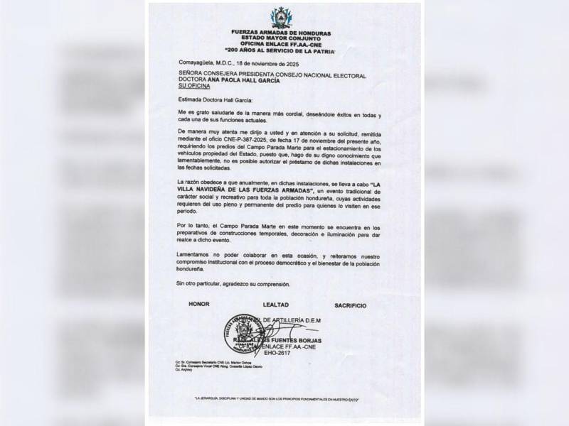 Misiva enviada por las Fuerzas Armadas de Honduras al Consejo Nacional Electoral.