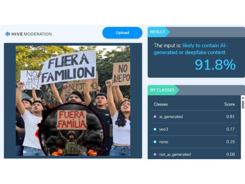 Captura de pantalla a los resultados de Hive Moderation sobre el análisis del video.
