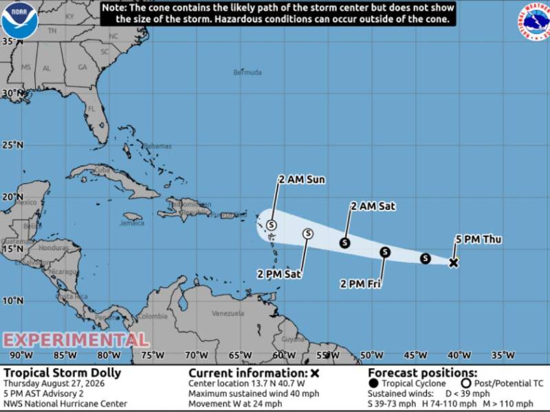 El NHC advirtió que las precipitaciones de Dolly, o de sus remanentes, podrían comenzar a afectar las Islas de Sotavento desde la noche del sábado y extenderse durante el domingo.