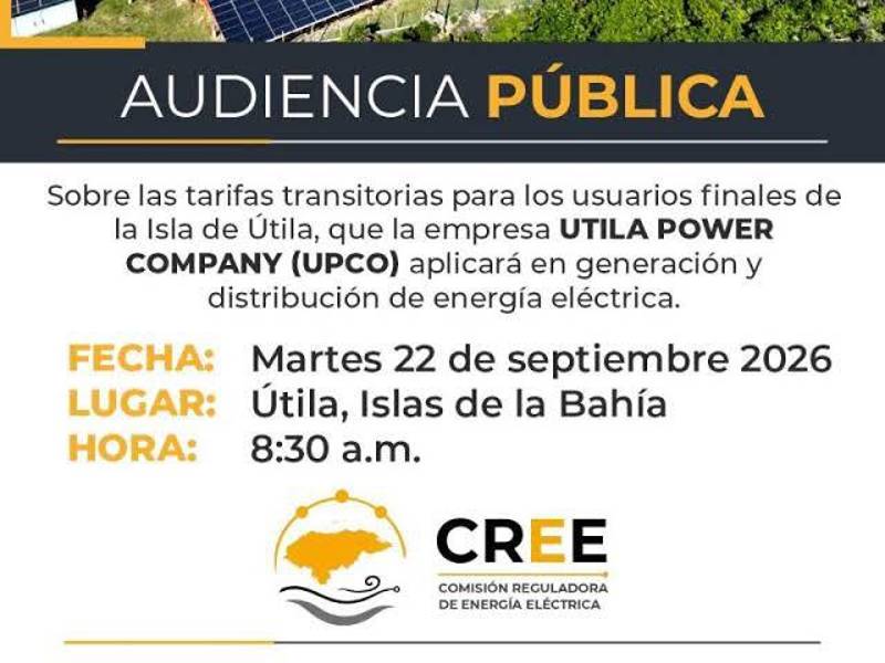 Audiencia pública analizará nueva tarifa eléctrica para Utila.