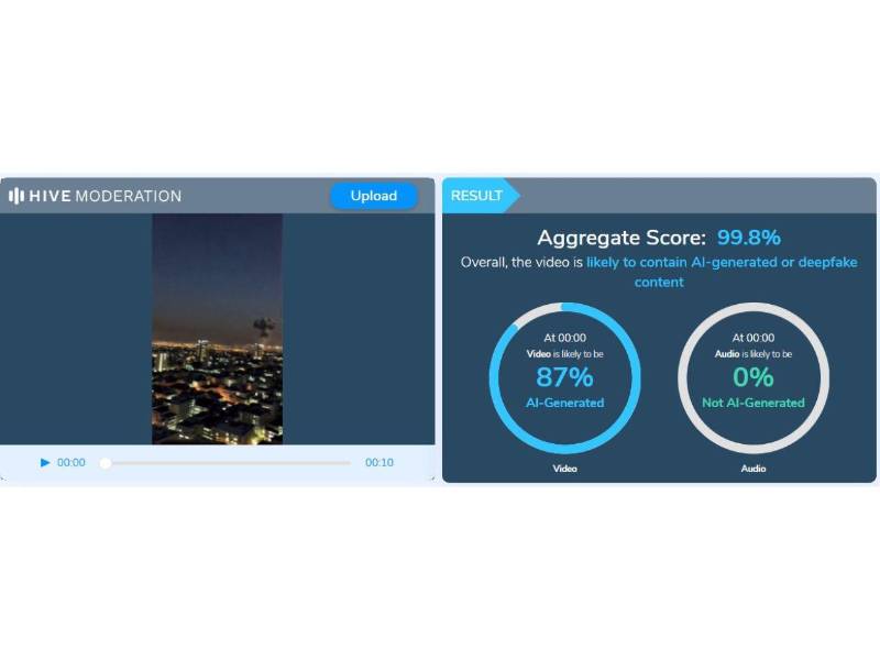 Captura de pantalla a los resultados de Hive Moderation sobre el analisis del video.