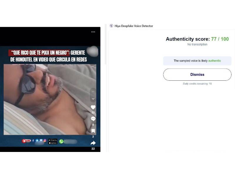 Captura de pantalla al resultado de Hiya Deepfake Voice Detector acerca del análisis del video.