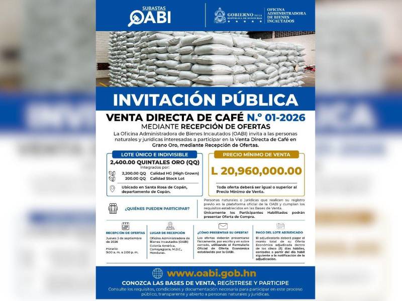 La recepción de ofertas se realizará el 3 de septiembre de 2026, de 9:00 a. m. a 2:00 p. m.
