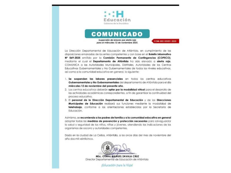 Comunicado oficial de la Departamental de Eduación de Atlántida.