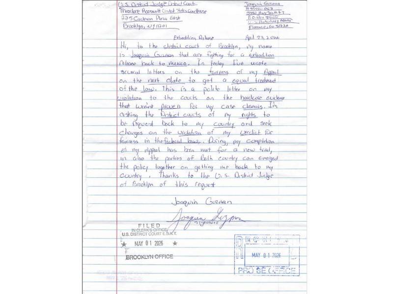 <b>La carta escrita a mano</b> fue publicada este lunes por el tribunal del Distrito Este de Nueva York.