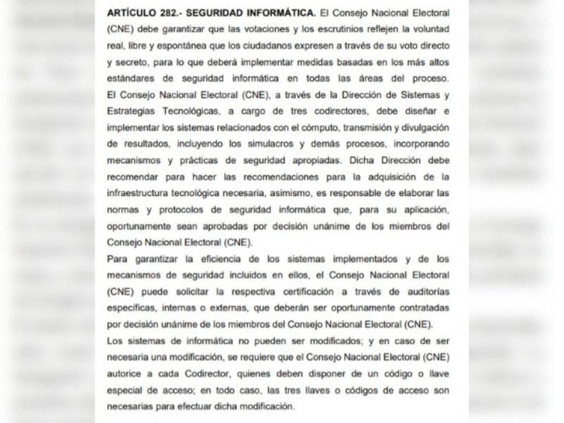 Captura de pantalla al artículo 282 de la Ley Electoral de Honduras.