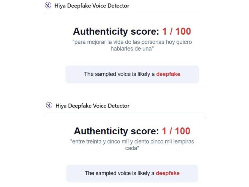 Captura de pantalla a los resultados de Hiya sobre el análisis del audio de ambos videos.