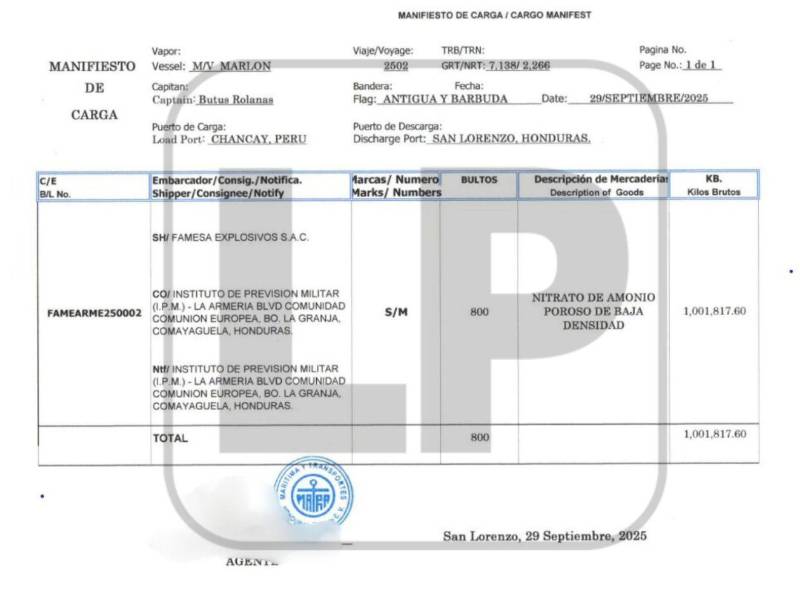 Este es el manifiesto de la Marina Mercante. Se espera que el nitrato de amonio comprado llegue en las próximas horas.