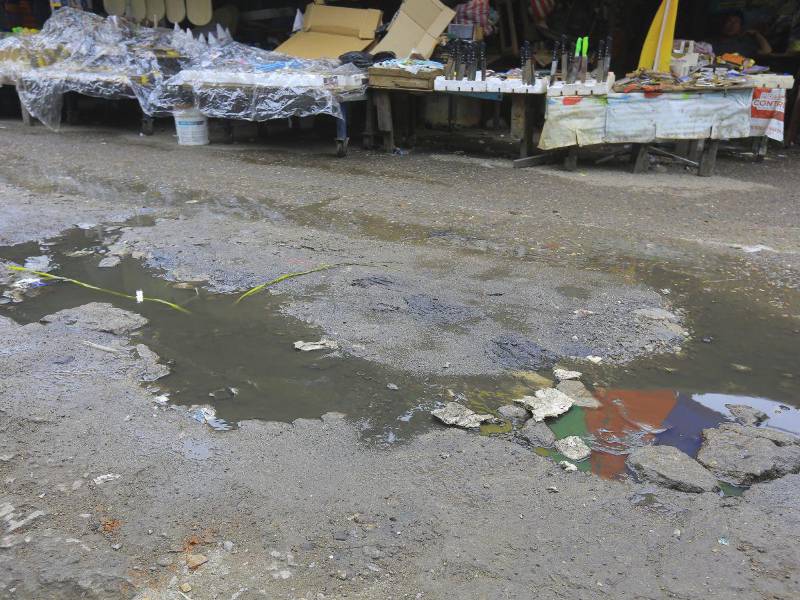 Las aguas negras forman parte del panorama igual que los baches llenos de agua. Los vendedores claman por la reparación de vías.