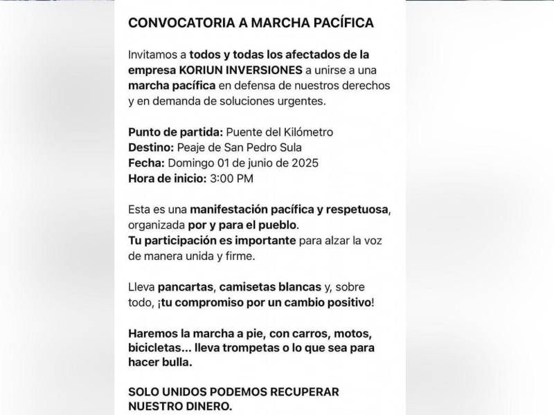 Comunicado de convocatoria por inversionistas de Koriun.