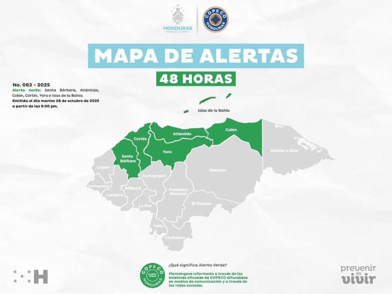 Seis departamentos permanecerán bajo alerta verde por 48 horas desde ayer.