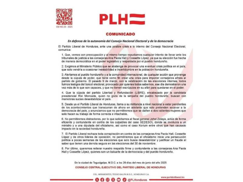 Comunicado oficial del Partido Liberal.