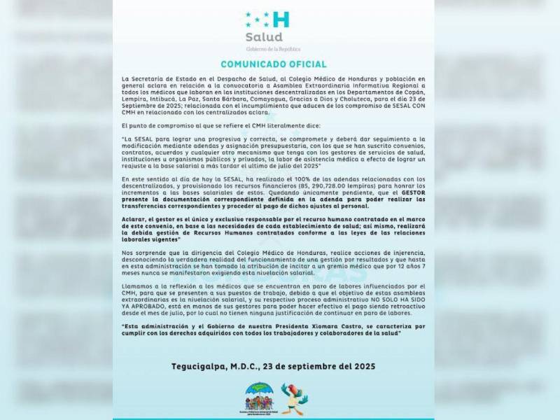 Las autoridades sanitarias aseguraron que ya tienen más de 85 millones de lempiras para el pago del reajuste salarial de los médicos.