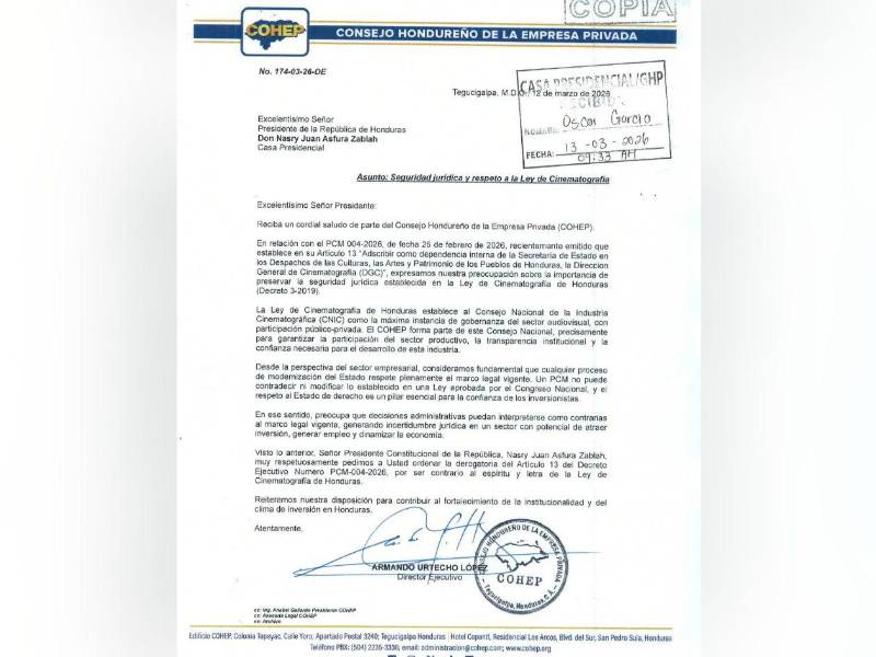 Cohep pide derogar artículo de decreto PCM-004-2026 por conflicto con Ley de Cinematografía