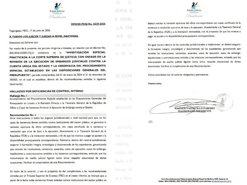 La presidencia de la Corte Suprema de Justicia recibió los informes de auditoría el 25 de mayo de 2026; sin embargo, hasta el 17 de junio ordenaron regulaciones a los jueces sobre los embargos a nivel nacional.