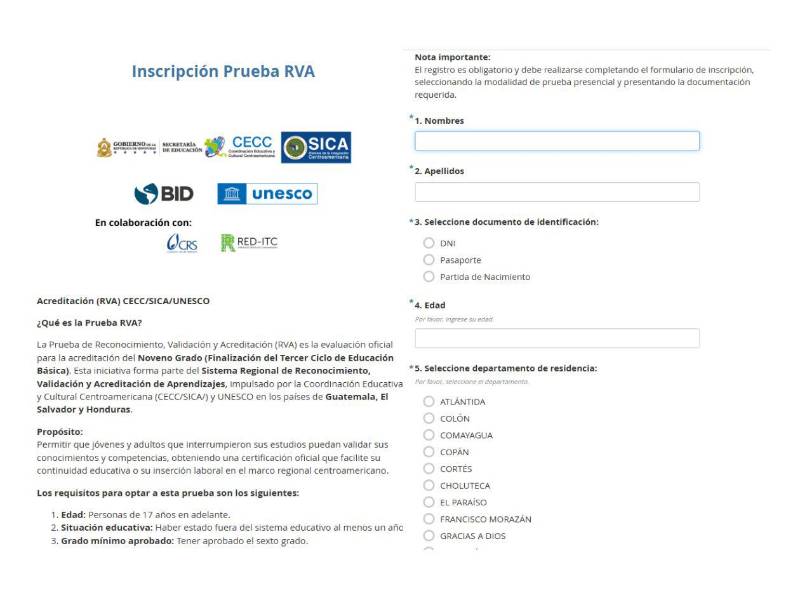 Parte del formulario que los aspirantes deben llenar para poder aplicar a la evaluación que se realizará.