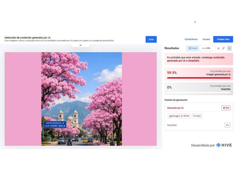 Captura de pantalla a los resultados de Hive Moderation sobre el análisis de la imagen.