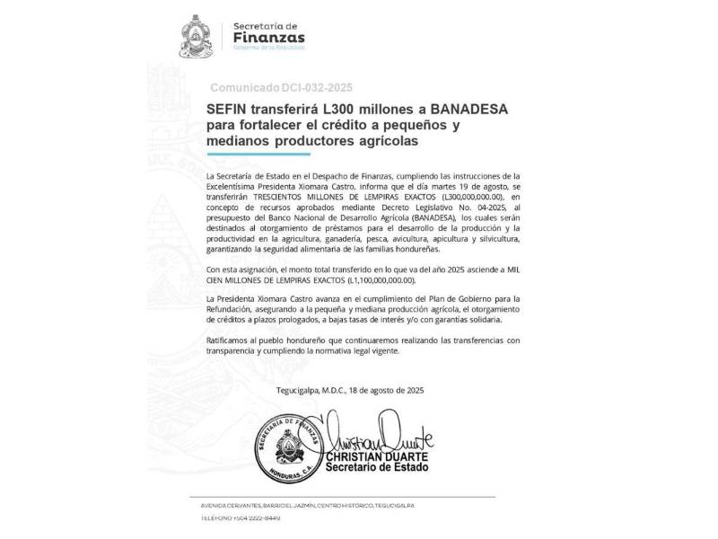 Comunicado oficial de la Secretaría de Finanzas (Sefin).