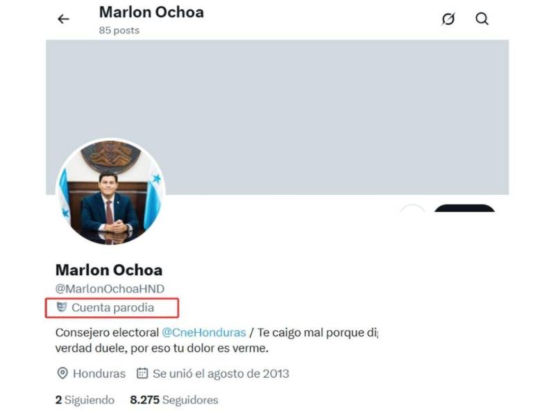Captura de pantalla al perfil falso de Marlon Ochoa en X.