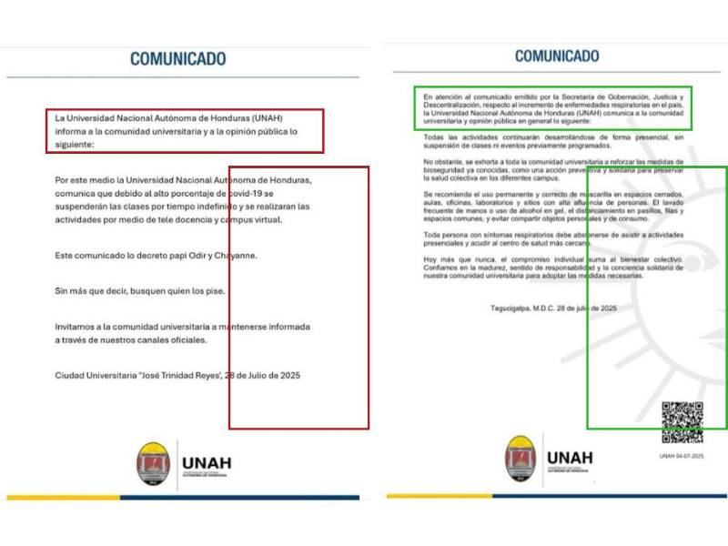 Comparativa entre el comunicado falso y uno auténtico de la UNAH.