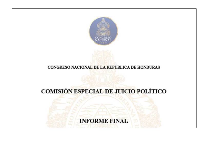 Portada del informe final de la Comisión Especial de Juicio Político contra Marlon Ochoa y Mario Morazán, entregado al Congreso Nacional con recomendaciones de destitución.