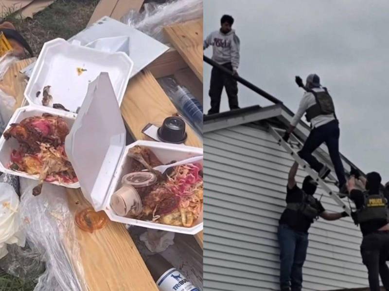 A la izquierda, los pollos con tajada que almorzaban los hondureños quedaron tirados en el suelo. A la derecha, otros compatriotas intentan huir por el techo de la Patrulla Fronteriza, pero hasta ahí los siguieron.