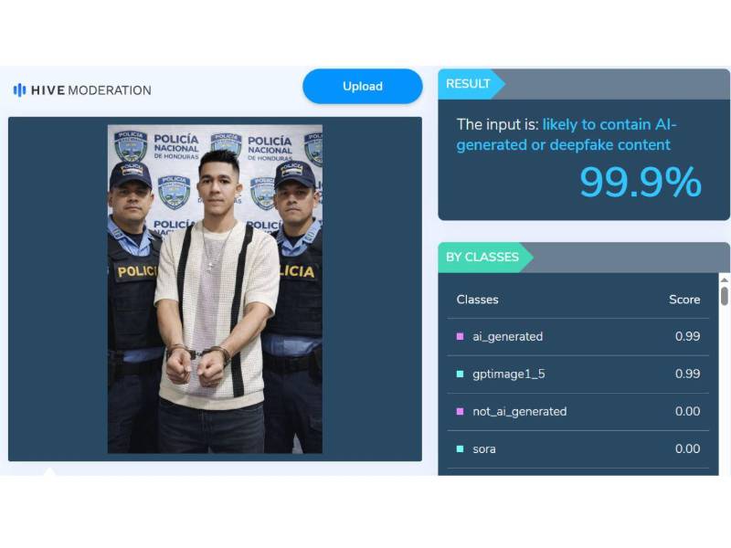 Captura de pantalla a los resultados de Hive Moderation sobre el análisis de la imagen.