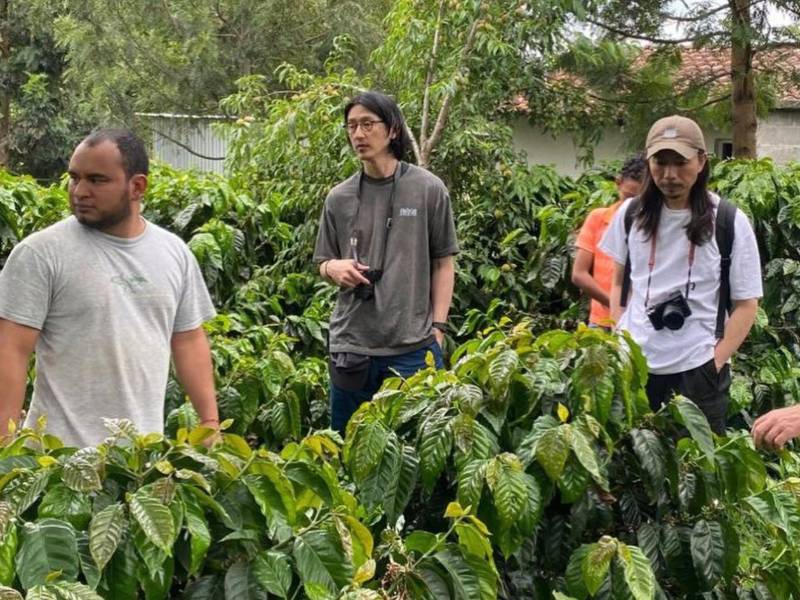 Yorlan Josué Girón conversa con compradores de café en la finca Las Botijas, donde produce café de especialidad.