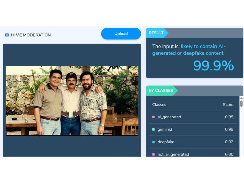 Captura de pantalla a los resultados de Hive Moderation sobre el análisis de la imagen.