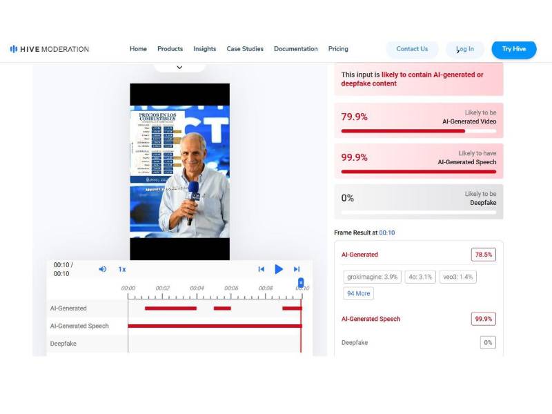 Captura de pantalla a los resultados de Hive Moderation sobre el análisis del video.