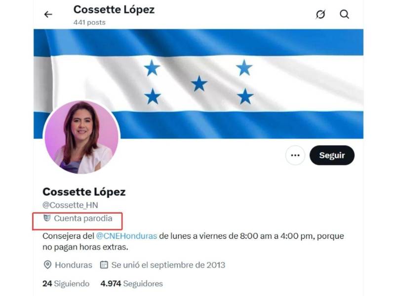 Captura de pantalla al perfil falso Cossette López en X.