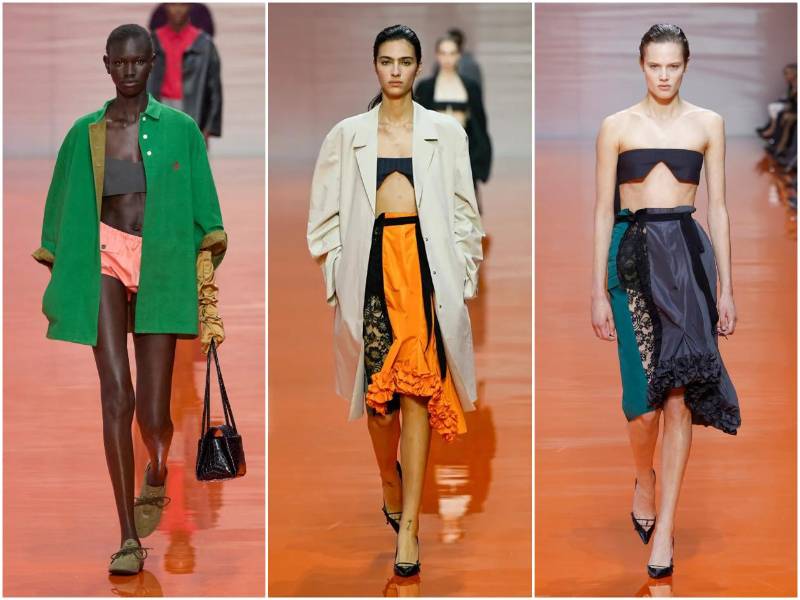 La colección primavera/verano 2026 de Prada presenta bralettes tipo bandeau de lana y diseños sin estructura ni elástico, flotando sobre el cuerpo, combinados con faldas de tiro alto para un “look” moderno y rebelde.