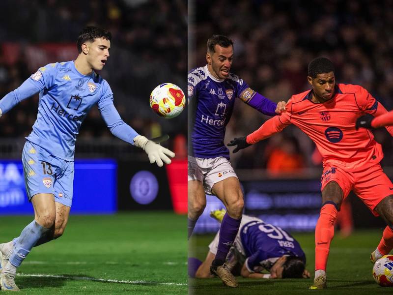 El portero Dani Vicente, del CD Guadalajara, ha salvado su arco ante sendos disparos de Marcus Rashford.