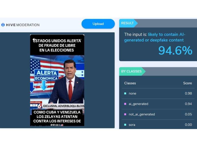 Captura de pantalla a los resultados de Hive Moderation sobre el análisis del video.