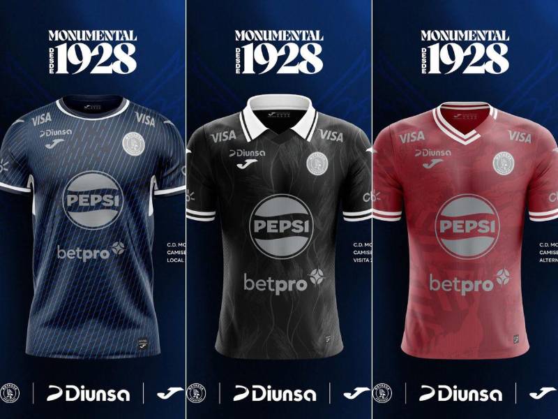 Las tres nuevas camisetas del Motagua de Honduras para la temporada 2025-2026.
