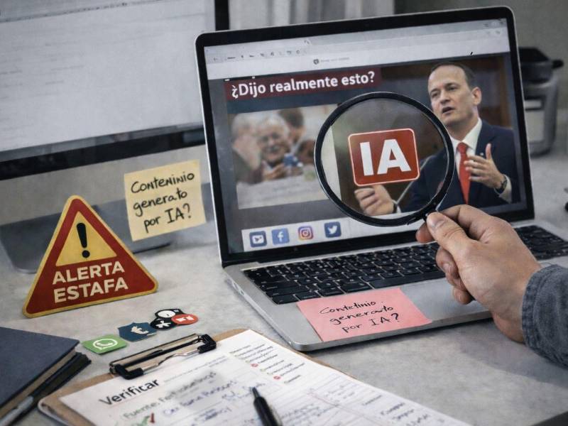 En un entorno saturado de desinformación, se vuelve mas difícil distinguir entre lo real y lo falso, por eso verificar es clave. (Imagen generada con IA)