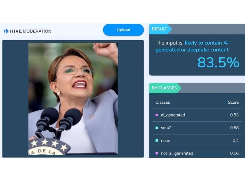 Captura de pantalla a los resultados de Hive Moderation sobre el análisis del video.
