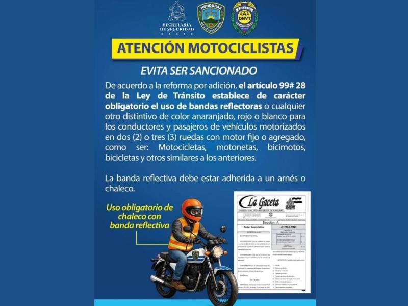 La Policía informó que el uso de chalecos reflectores es obligatorio a partir de la fecha en el país.