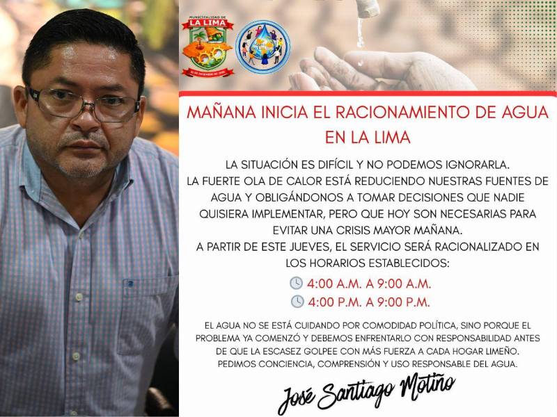 José Santiago Motiño, alcalde de La Lima, afirmó que el racionamiento de agua es una medida necesaria ante la reducción de las fuentes de abastecimiento y pidió a la población hacer uso responsable del recurso.