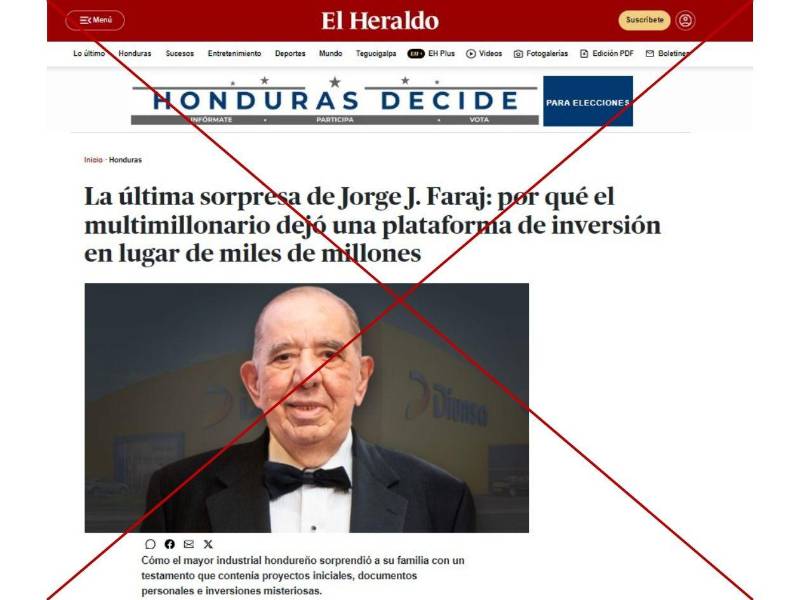 Captura de pantalla a una publicación falsa que suplanta a El Heraldo.