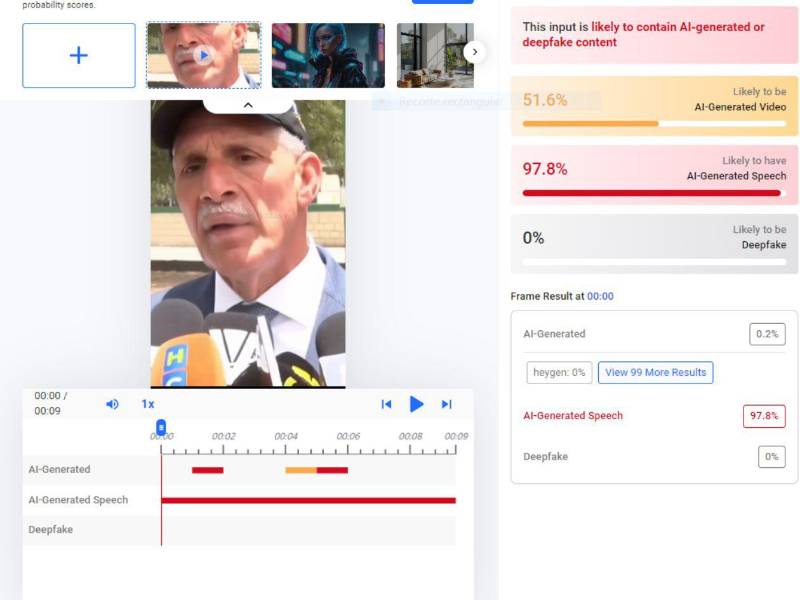 Captura de pantalla a los resultados de Hive Moderation sobre el análisis del video.