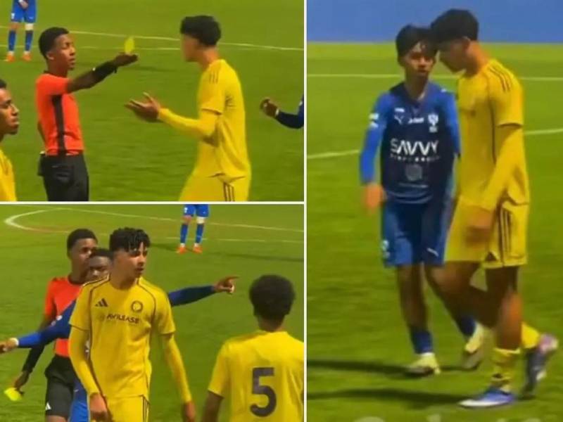 El hijo de Cristiano Ronaldo salió molestó y terminó con tarjeta amarilla.