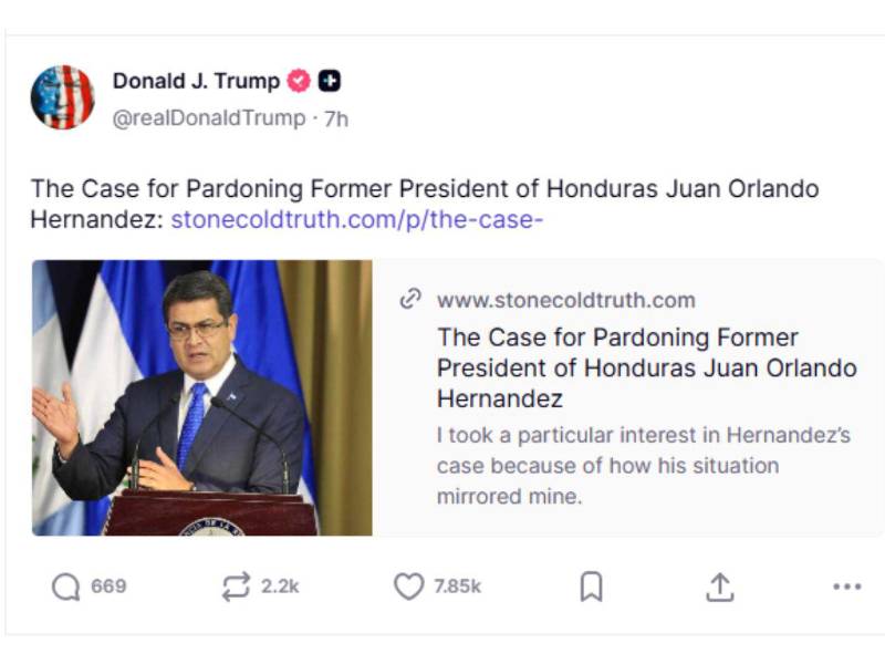 Vista de la publicación de Donald Trump en su cuenta de Truth Social.